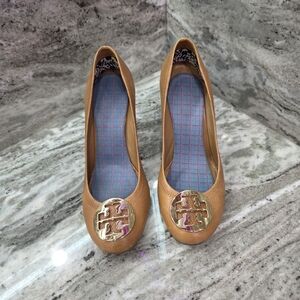 Tory Burch Tan Wedges with Gold Logo